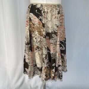Boho Midi Skirt Size 16 Brown Pink Raw Hem Silk Artsy Fairy Grunge Whimsigoth